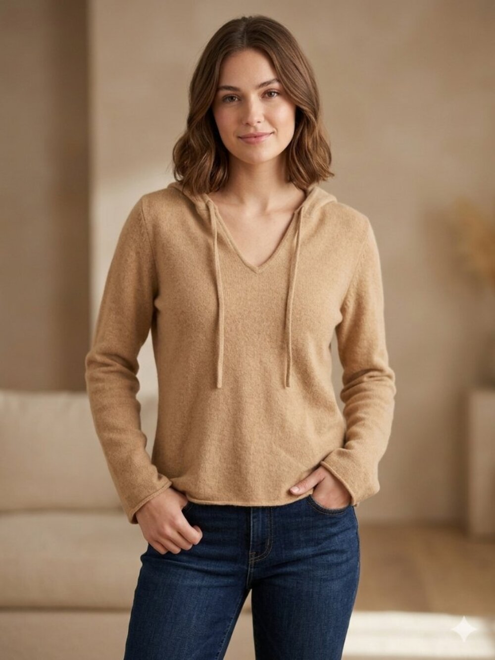 Banana Republic Merino Wool Rabbit Hair Hoodie Sweater Size Small Camel Tan